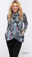 Grey-Navy Printed Overlay Top with Stylish Neck (print 1