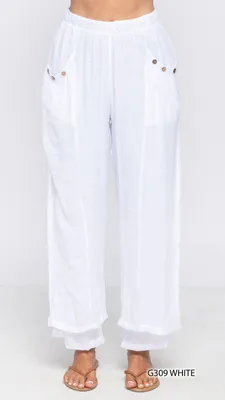 White Cotton Pants with Buttons on Pockets