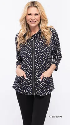 Navy-beige Dot Printed Turtle Neck Top with Zipper and Pockets