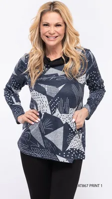 Navy-Grey Turtle Neck Top with 2 Zipper Pockets (print 1