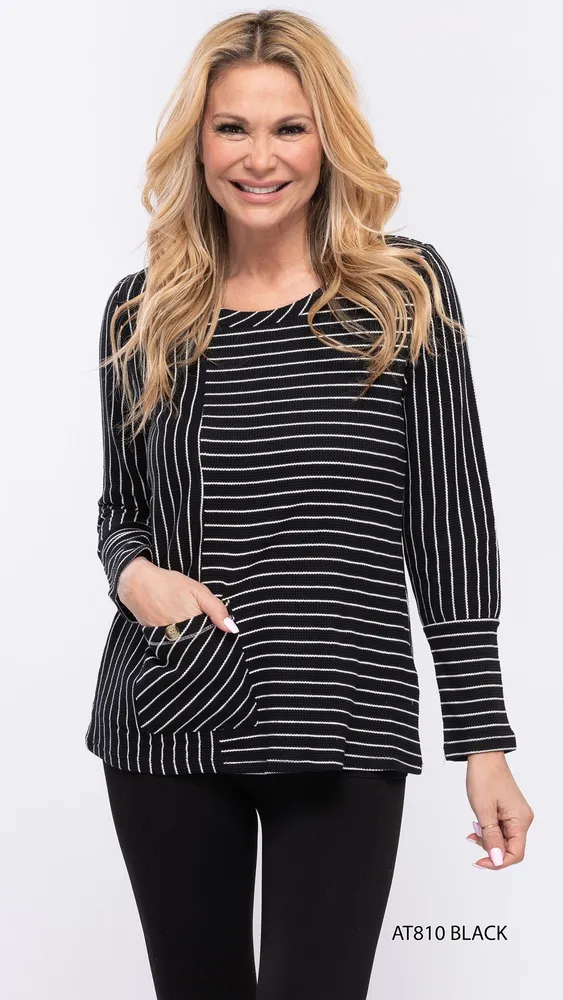 Black-white Striped Block Style Top with 1 Front Pocket