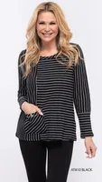 Black-white Striped Block Style Top with 1 Front Pocket