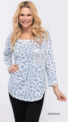 Blue-white Animal Print Top with Shiny Chest Pocket