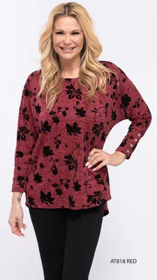 Red-Black Printed High-Low Top with Buttons on Sleeves