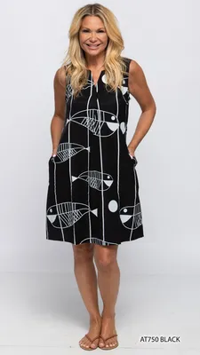 Black Fish Print Sleeveless Dress with Pockets