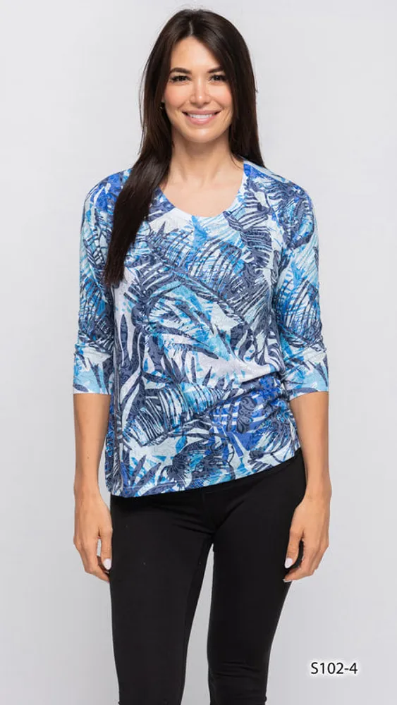 NAVY /ROYAL BLUE/WHITE  Leaf Print Sequin Detail Top (PRINT 4