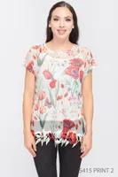 See-through Floral Printed Top With Designer Hem + Attached Cami