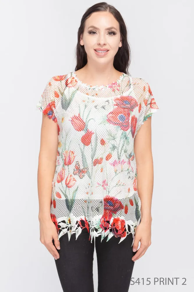 See-through Floral Printed Top With Designer Hem + Attached Cami