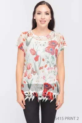 See-through Floral Printed Top With Designer Hem + Attached Cami