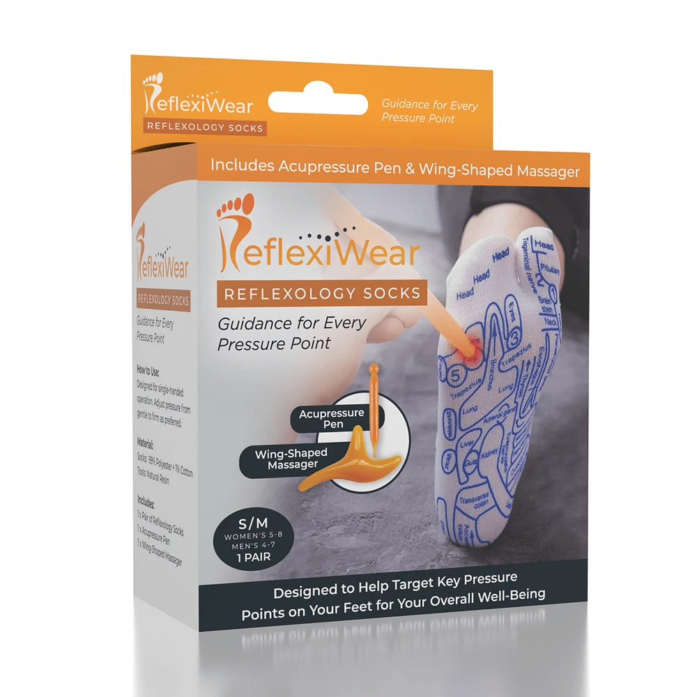 ReflexiWear Reflexology Socks Foot Pressure Point Guide Map (Multiple Sizes) 2 Massage Tools Included