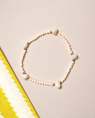 Silver Heart Pink Beaded Stretch Bracelet