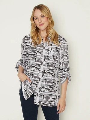 Blouse longueur tunique semi-ajustée à manches 3/4 avec boutons