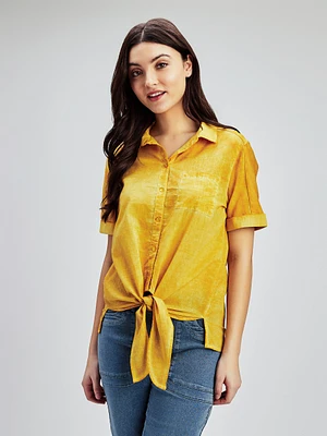 Short-sleeve loose blouse with buttons