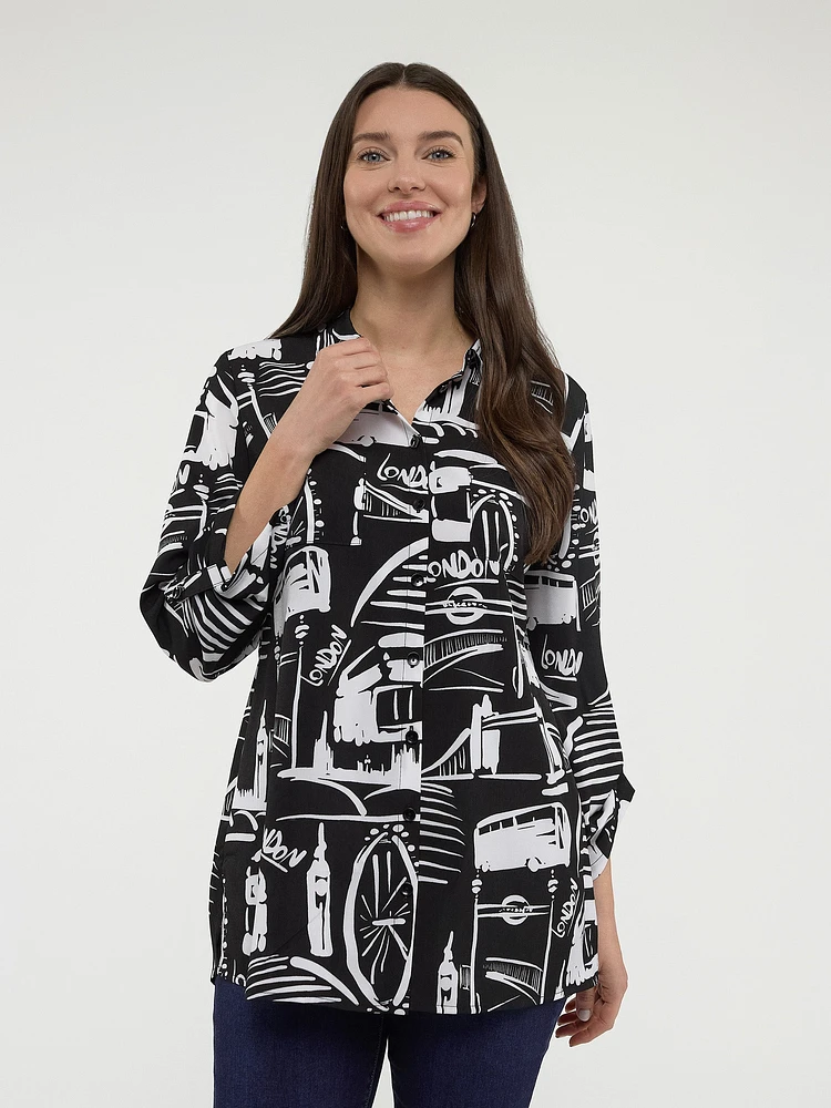 3/4-sleeve loose tunic length blouse with buttons