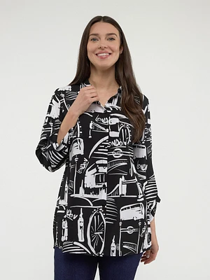 3/4-sleeve loose tunic length blouse with buttons