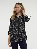 3/4-sleeve semi-fitted tunic length blouse with buttons