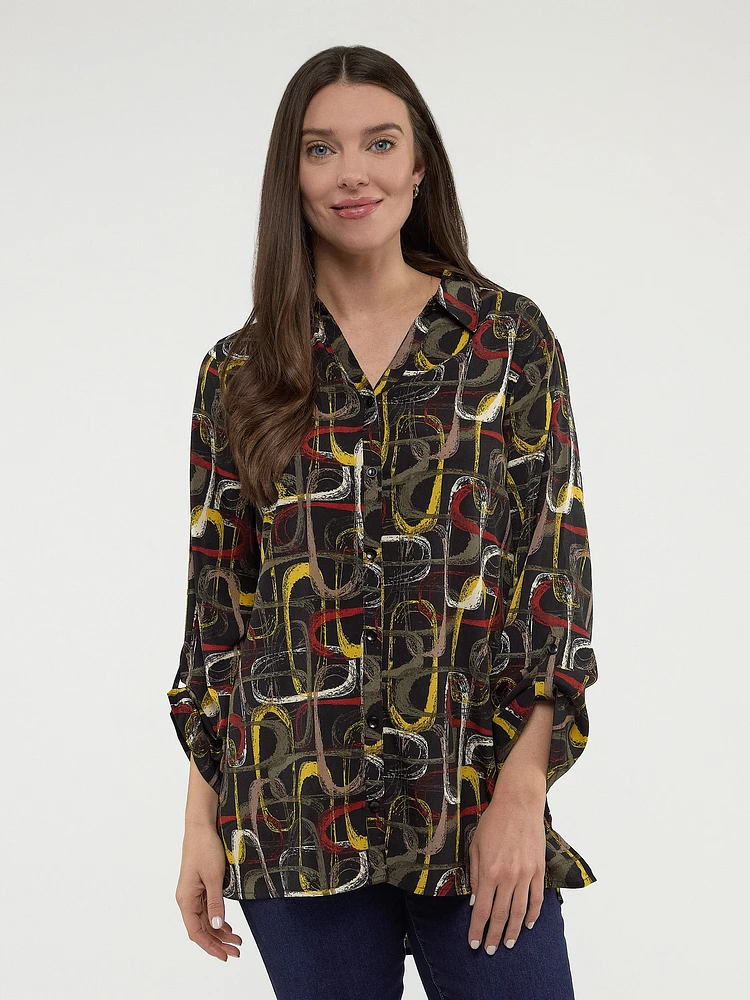 3/4-sleeve semi-fitted tunic length blouse with buttons