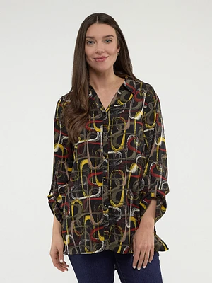 3/4-sleeve semi-fitted tunic length blouse with buttons