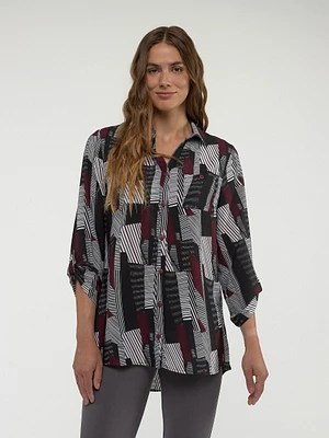 3/4-sleeve semi-fitted tunic length blouse with buttons