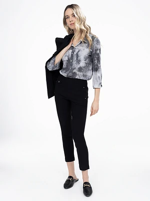 3/4-sleeve semi-fitted tunic length blouse with buttons