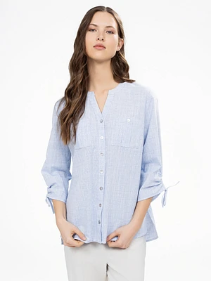 3/4-sleeve semi-fitted tunic length blouse with buttons