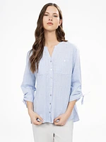 3/4-sleeve semi-fitted tunic length blouse with buttons