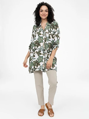Blouse longueur tunique ample à manches 3/4 avec boutons