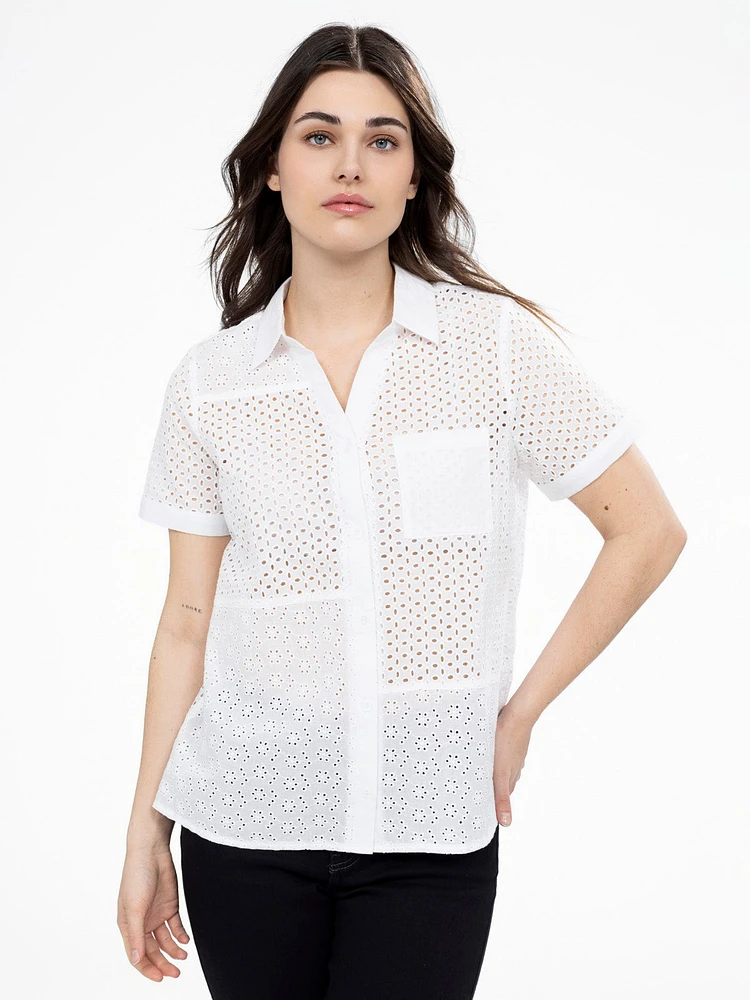 Short-sleeve loose blouse with buttons