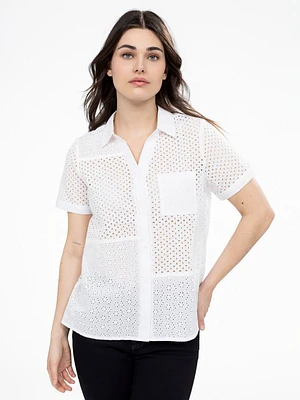 Short-sleeve loose blouse with buttons
