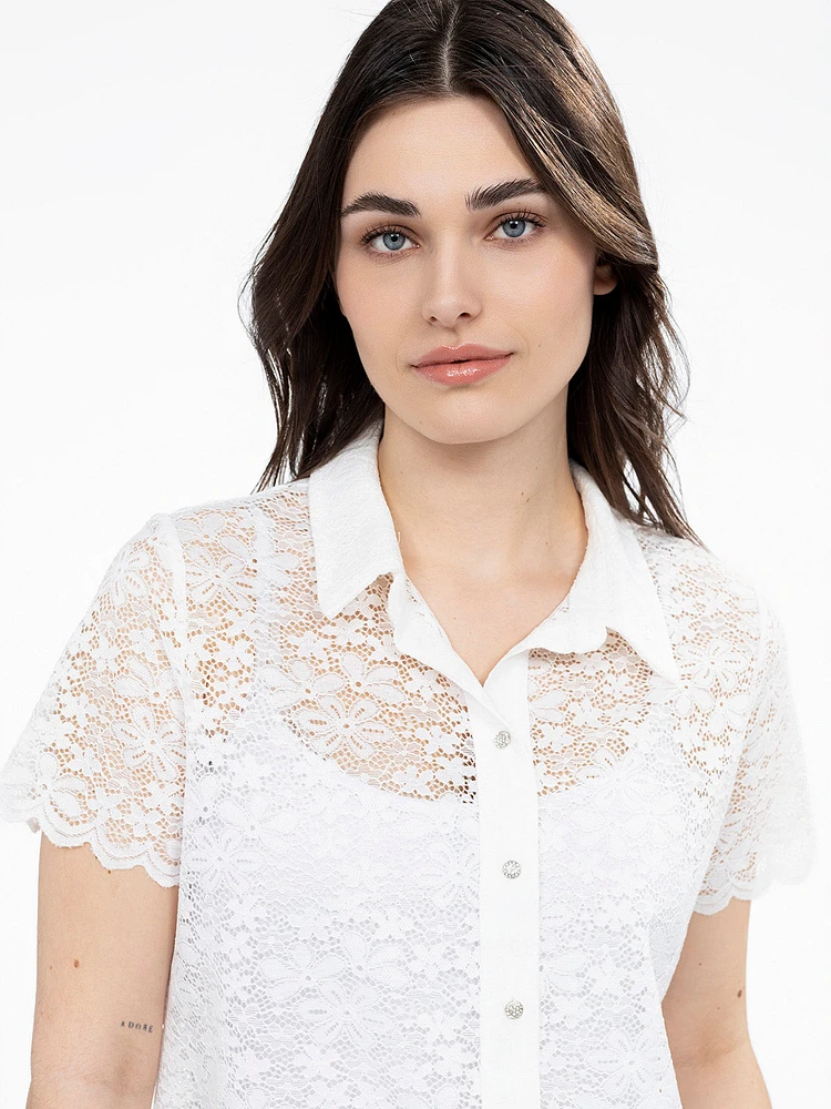 Short-sleeve loose blouse with buttons
