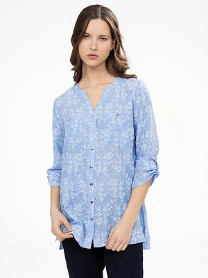 3/4-sleeve loose tunic length blouse with buttons