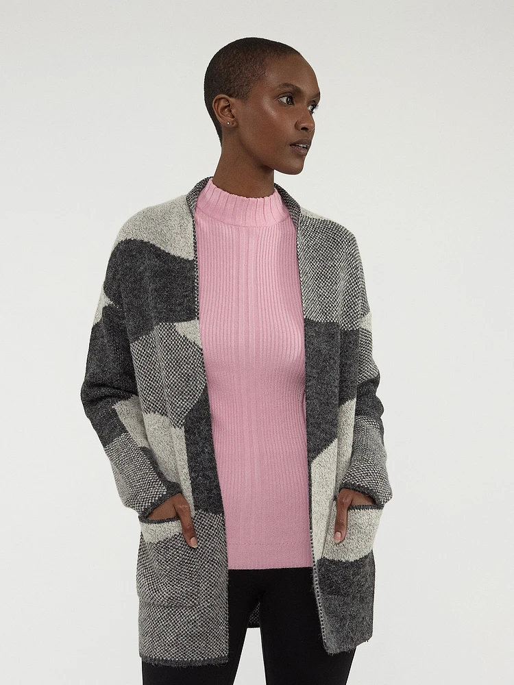 Long-sleeve semi-fitted open knit cardigan