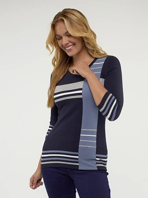 3/4-sleeve semi-fitted pullover sweater