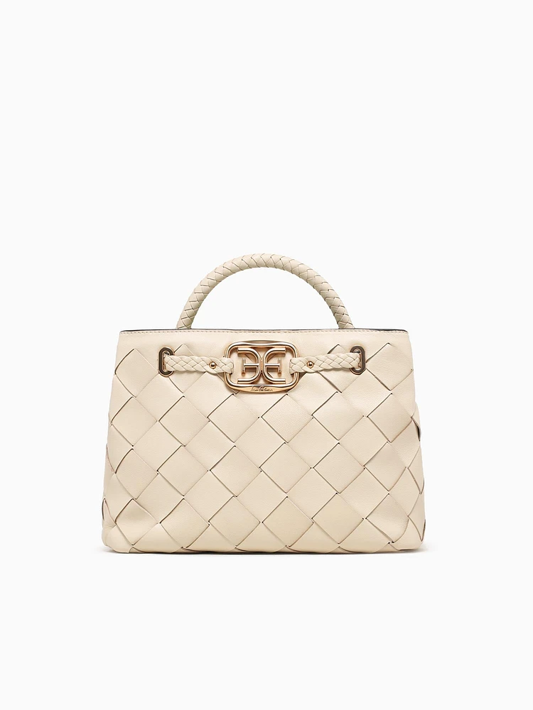 Cleo Small Woven Satchel Cream Leather