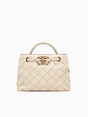 Cleo Small Woven Satchel Cream Leather