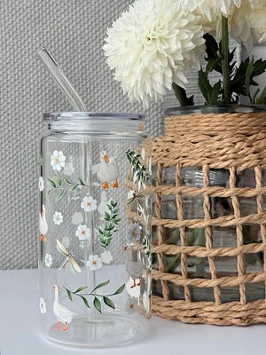 Tumbler en verre avec couvercle et paille (16 oz) - Douce campagne