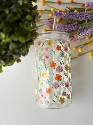 Tumbler en verre avec couvercle et paille (16 oz) - Floraison
