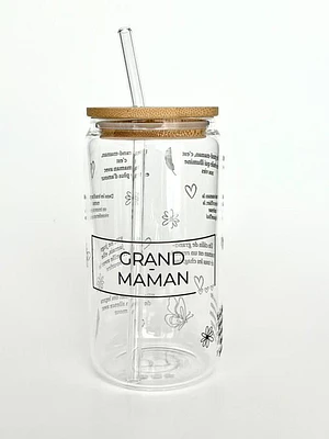 Tumbler en verre avec couvercle et paille (16 oz) - Heritage de tendresse grand-maman