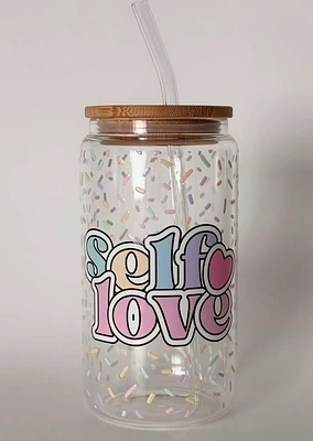 Tumbler en verre avec couvercle et paille (16 oz) - Amour propre