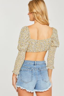 Woven Printed Front Tie Puff Sleeve Top