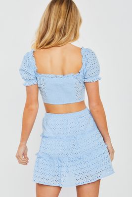 Woven Solid Puff Sleeve Top And Mini Skirt Set