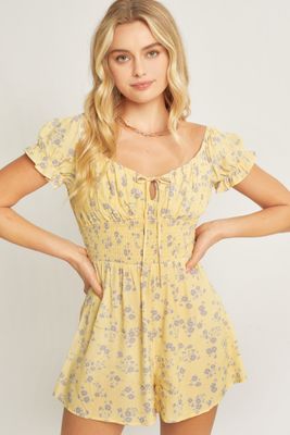 Woven Print Smocked Waist Short Sleeve Romper