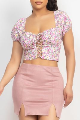 Floral Lace-Up Square Neck Crop Top