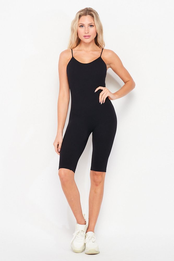 Luxe Feel Rib-Knit Spaghetti Strap Biker Short Unitard