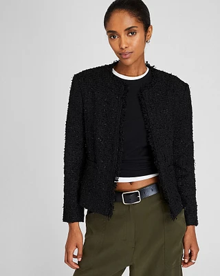 Collarless Bouclé Fringe Jacket