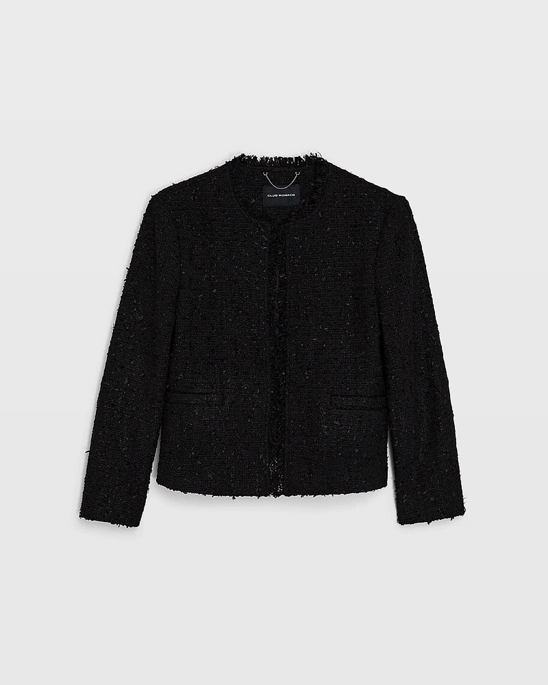 Collarless Bouclé Fringe Jacket
