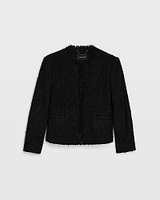 Collarless Bouclé Fringe Jacket