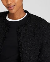 Collarless Bouclé Fringe Jacket