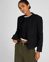 Collarless Bouclé Fringe Jacket