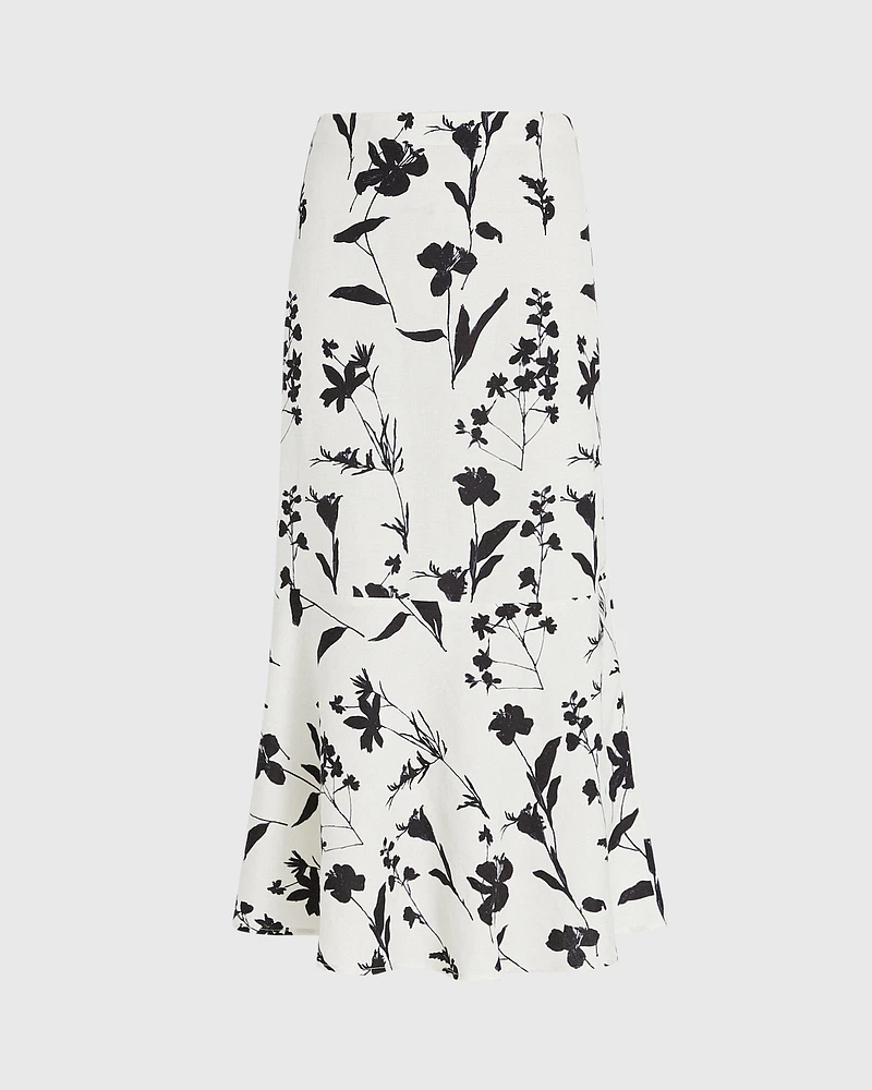 Printed Linen-Blend Midi Skirt